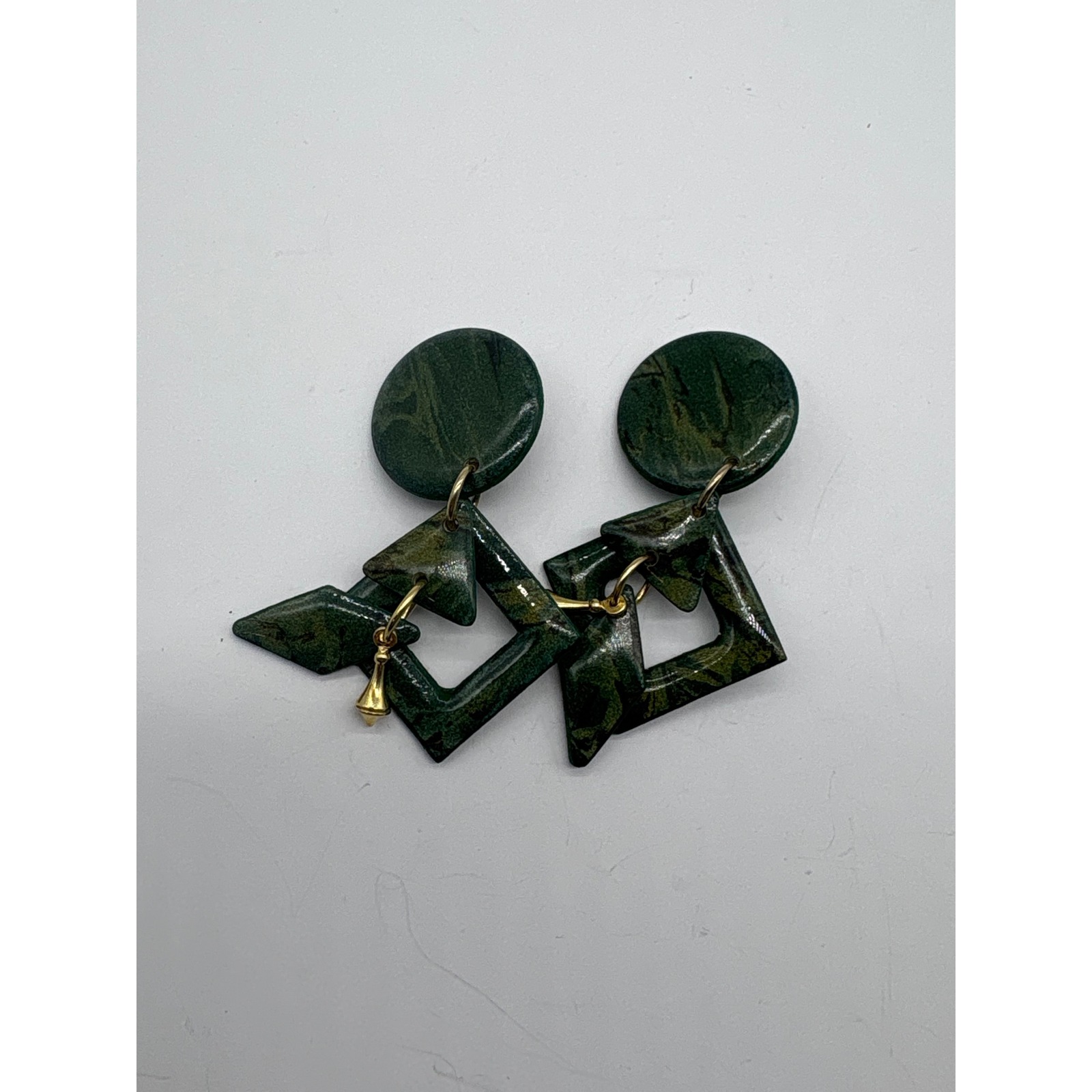 Vintage Mam Green Gold Swirl Geometric Clip On Earrings Marbled Drop J83